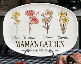 Personalized Mama's Garden Birth Flower Platter with Kids Names, Family Keepsake Gift, Custom Birth Month Flower Plate, Mother's Day Gift