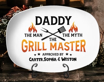 Personalized The Grill Master Platter with Kid Name, Custom Plate For Father's Day Gift 2024, Plate For Daddy Grandpa, Gift For Dad From Kid