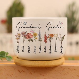 Personalized Nana's Garden Birth Flower Pot Engraved with Kids Names, Personalized Birth Month Flower Family Plant Pot, Mother's Day Gift image 4