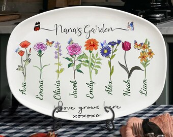 Grandma Birth Month Flower Garden Plate, Personalized Platter, Family Keepsake Gift, Custom Birth Month Flower Plate, Mother's Day Gift