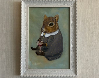 Sommelier Squirrel, Original Oil Painting, 100% Handmade, Drunk Squirrel