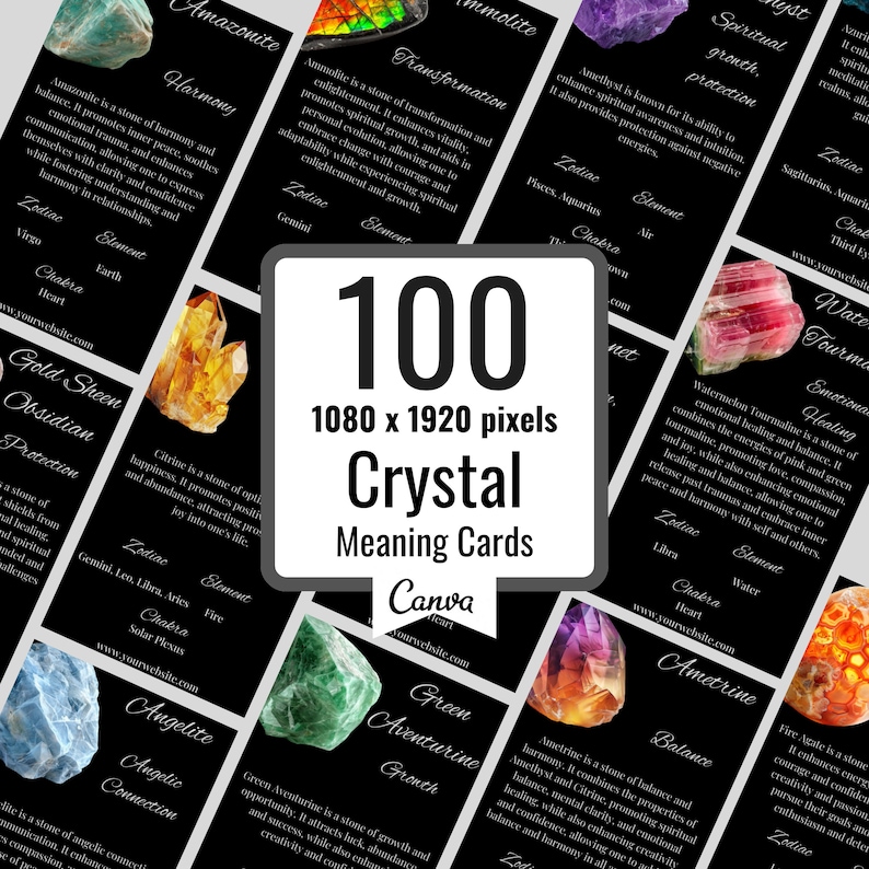 100 Editable Crystal Meaning Cards, Printable Crystal Meaning Cards with Meaning of Stones, Digital Cards zdjęcie 1