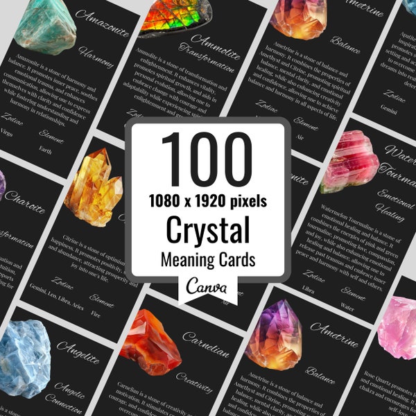 100 Editable Crystal Meaning Cards, Printable Crystal Meaning Cards with Meaning of Stones, Digital Cards