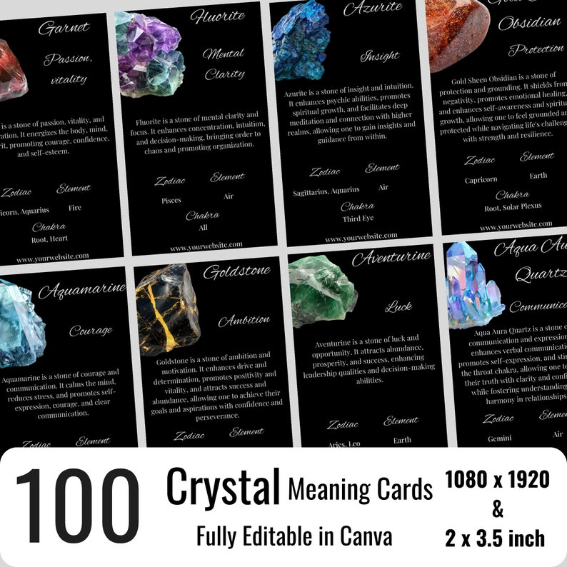 100 Editable Crystal Meaning Cards, Printable Crystal Meaning Cards with Meaning of Stones, Digital Cards image 2