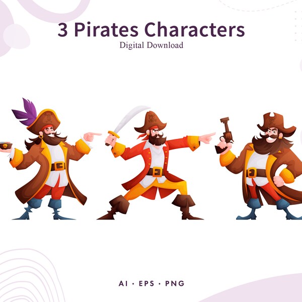 Pirates characters. The pirate holds a compass and shows the direction, raises his blade to the top and points forward, holds a pistol.