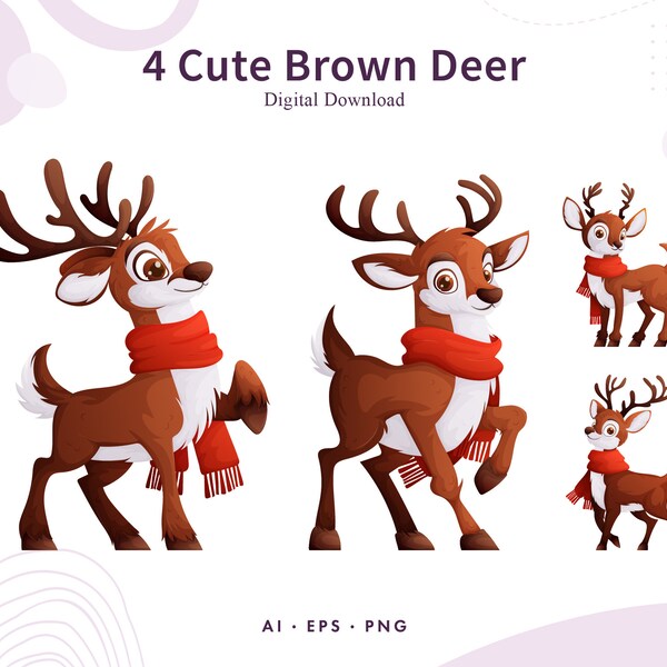 Set of four deer. A cute brown deer with antlers and a white fluffy chest, wrapped in a warm red scarf. Cartoon vector.