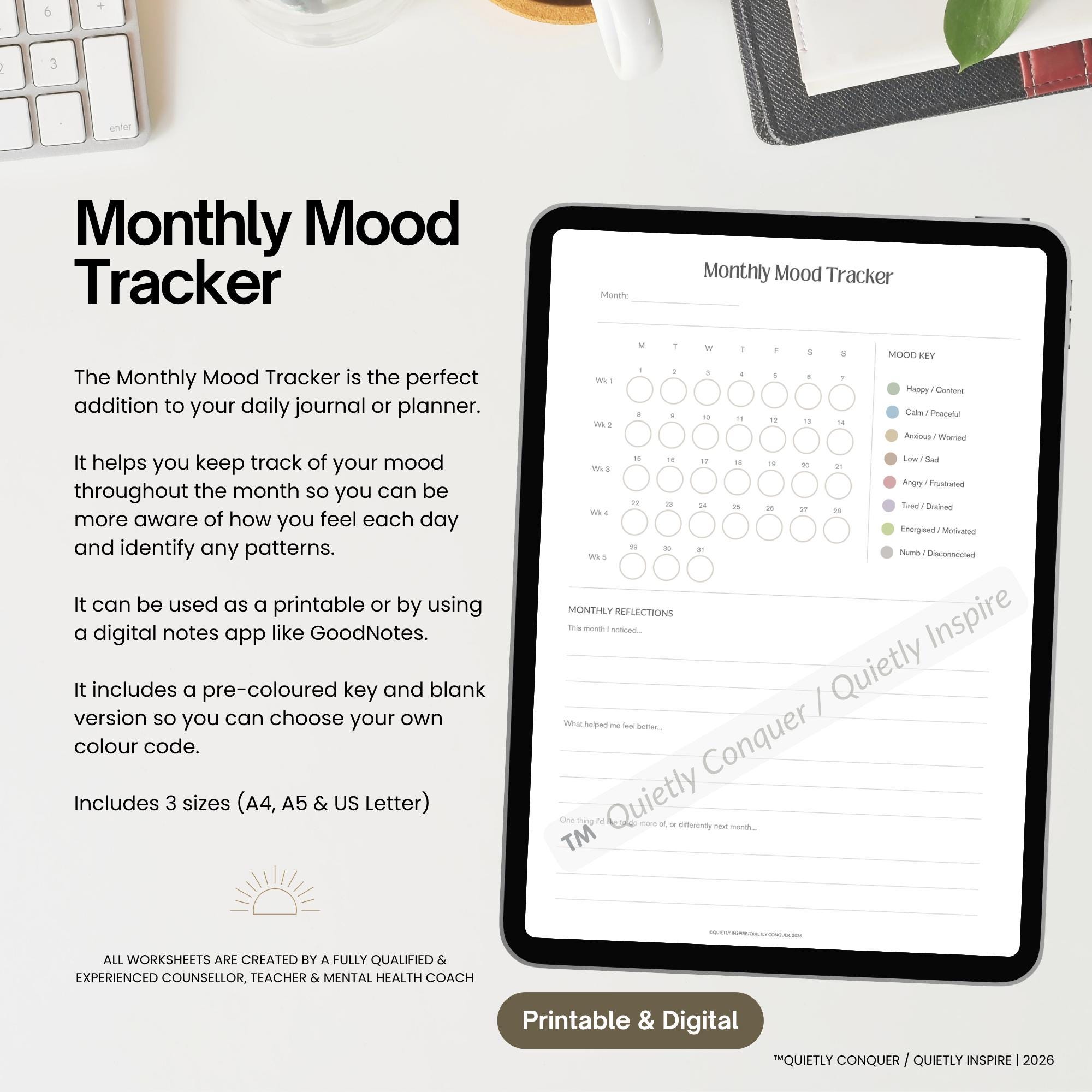 Monthly Mood Tracker Printable | Mental Health Journal Page | A4 A5 US ...