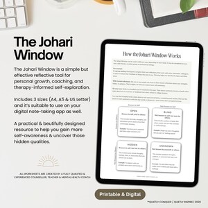 May include: A digital worksheet on a tablet, titled "The Johari Window," a self-exploration tool. The text describes the tool's use for personal growth and self-awareness. Includes sizes A4, A5, and US Letter. The bottom reads "Printable & Digital."