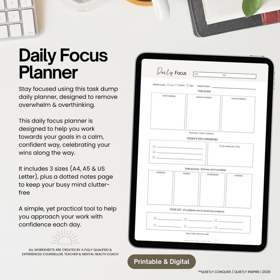Daily Planner Printable | Brain Dump & Focus Page | Productivity ...