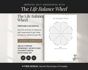 May include: A white printable worksheet titled The Life Balance Wheel featuring a circular diagram with segments for personal growth, health, and career. The text includes Printable or Digital, Instant Download, and A5, A4, US size icons.