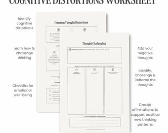 CBT Thought Distortions Worksheet: Printable Therapy Journal (PDF, A5/A4/Letter)