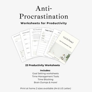 May include: A set of 23 printable productivity worksheets for combating procrastination. The worksheets include goal setting, time management, time blocking, and brain dumps. The worksheets are available in two sizes: A4 and US Letter.