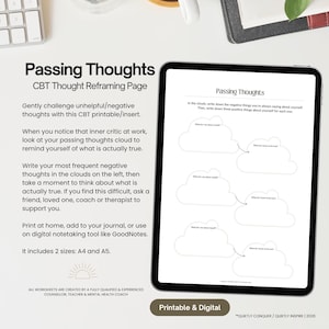 May include: A digital tablet displaying a Passing Thoughts CBT thought reframing worksheet. The page features cloud-shaped boxes for writing negative thoughts and corresponding positive reflections. The text includes instructions for A4 and A5 sizes.