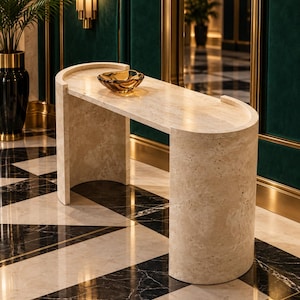 Travertine Console Table, Curved Stone Legs and Oval Top, Handmade Sculptural Entryway Furniture