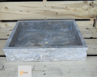 Ready to Ship Silver Travertine Sink Sink with Concealed Drain  Farmhouse Sink Powder Room Sink  Hand Carved Marble Sink Bathroom Sink