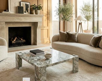 Handmade Green Marble Square Coffee Table – Modern Natural Stone Furniture