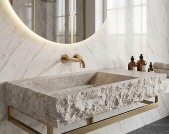 Custom Wall Mounted Travertine Sink | Floating Natural Stone Bathroom Sink | Handmade Luxury Vanity Basin | Made to Order