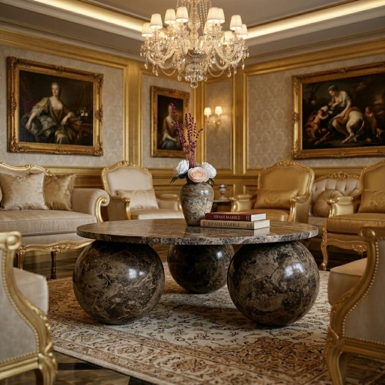 Op de afbeelding: Een luxe woonkamer met gouden accenten, sierlijke schilderijen en een kristallen kroonluchter. Een marmeren salontafel met bolvormige bases draagt een vaas met bloemen en boeken. De kamer heeft pluche zitplaatsen en een patroonkleed.