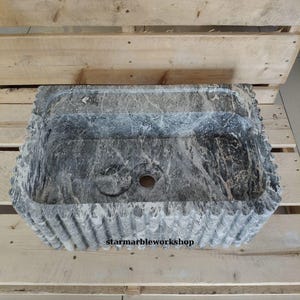 Süpren Salome Marble Sink Wall Mounted Sink Farmhouse Sink Powder Room Sink  Hand Carved Marble Sink Concealed Drain Sink