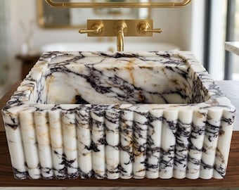 Hand Carved Calacatta Viola Marble Sink, Bathroom Decor, Wall Mounted Vanity, Natural Stone Bathroom Basin