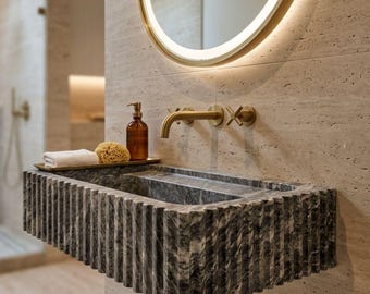 Hand Carved Marble Sink: Farmhouse Wall Mounted Vanity Bathroom Decor, Bathroom Basin