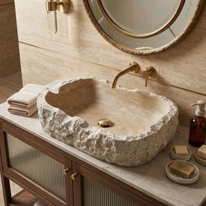 May include: A natural stone bathroom sink with a rough, textured exterior. The sink is beige and sits on a wooden vanity with a marble countertop. A gold faucet and drain are installed. A round mirror hangs above the sink.