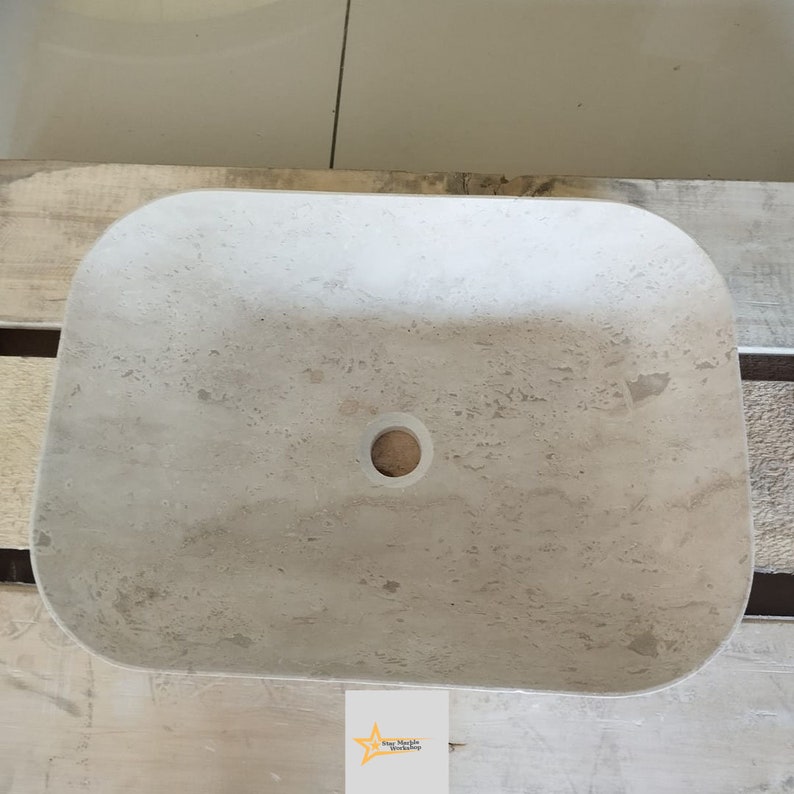 Beige Travertine Sink, 20 Inch Handmade Natural Stone Vessel Basin, Countertop Bathroom Vanity, Hand Carved Custom Size image 7