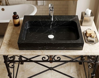 Handcrafted Nero Marquina Black Marble Sink – Bathroom Decor, Luxury Modern Bathroom Countertop Installation