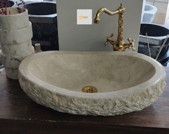 Beige Marble Vessel Sink: Handcrafted Split-Face Exterior, Bathroom Decor, Luxury Stone Basin
