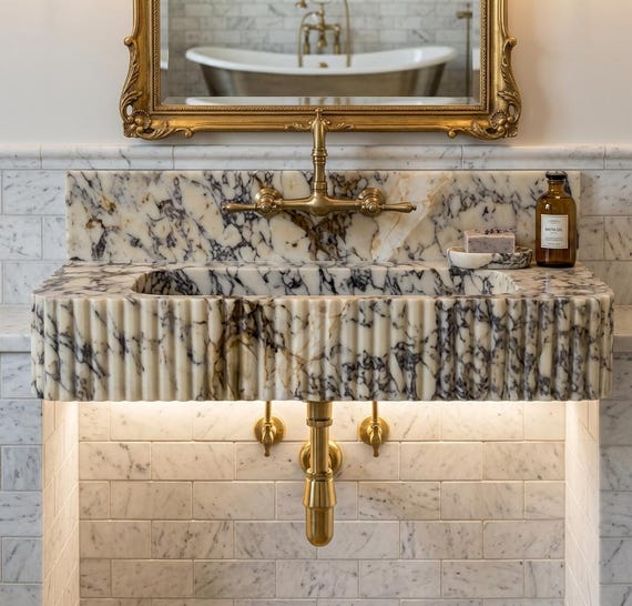 Calacatta Viola Marble Sink with Backsplash, 36 Inch Wall Mounted Bathroom Vanity, Hand Carved Stone Basin, Custom Size