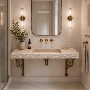 May include: A modern bathroom vanity with a rectangular stone sink and brass fixtures. The vanity features a stone countertop, decorative brass supports, and a matching brass-framed mirror. Two wall sconces with glass tubes flank the mirror.
