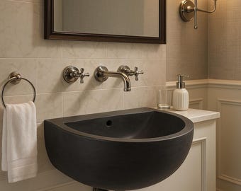 Basalt Stone Sink, 22 Inch Black Vessel Basin, Hand Carved Wall Mounted or Countertop Bathroom Vanity, Matte Finish, Custom Size
