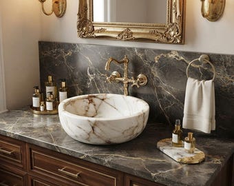 Calacatta Gold marmeren wastafel, 43 cm (17 inch) handgesneden ronde opbouwkom, badkamermeubel op het aanrecht, op maat gemaakt