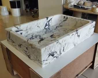 Ready To Ship Calacatta Viola Marble Sink Wall Mounted Sink Farmhouse Sink Powder Room Sink Calacatta Sink  Hand Carved Marble Sink