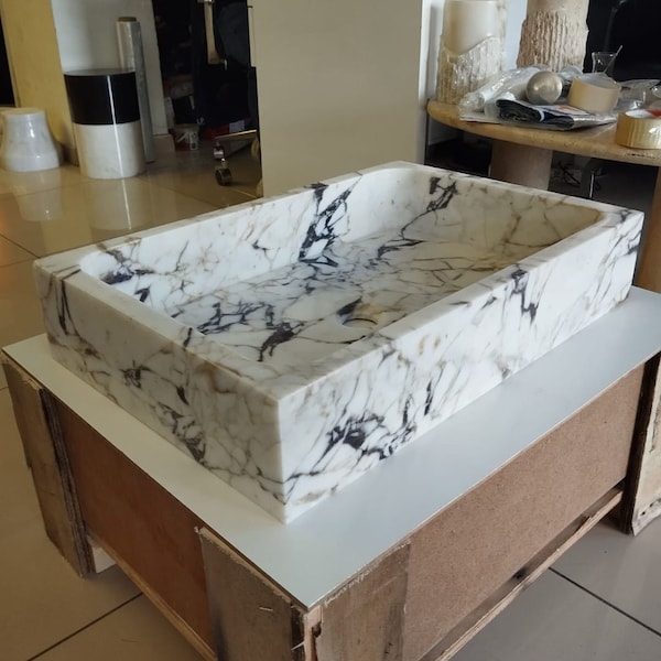 Ready To Ship Calacatta Viola Marble Sink Wall Mounted Sink Farmhouse Sink Powder Room Sink Calacatta Sink  Hand Carved Marble Sink