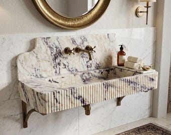 Hand Carved Calacatta Viola Marble Sink, Wall Mounted Vanity, Bathroom Decor, Natural Stone Bathroom Basin