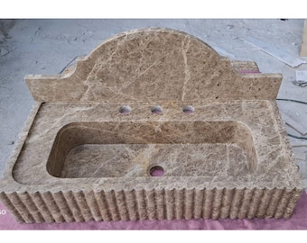 Hand Carved Emperador Marble Wall Mounted Sink – Bathroom Decor, Elegant Bathroom Vanity Basin