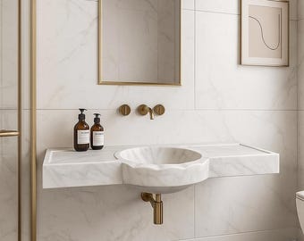Hand Carved White Marble Wall Mounted Sink, Bathroom Decor, 40" Wide, Elegant Bathroom Vanity