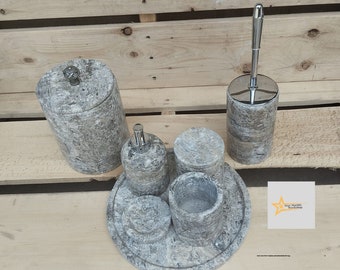 Juego de baño de mármol travertino plateado, decoración de baño, 7 piezas de accesorios de piedra natural.