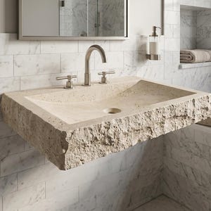 May include: A rectangular wall-mounted bathroom sink crafted from beige natural stone with a rough, chiseled exterior texture and a smooth interior basin. It features a central drain hole and a brushed nickel faucet with two matching side handles.