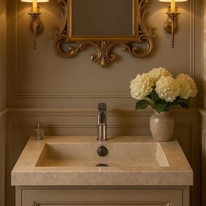 Ready to Ship Beige Marble Sink Rectangular Sink Farmhouse Sink Toilet Room Sink Hand Carved Marble Sink Faucet Hole Sink Wall Mounted Sink