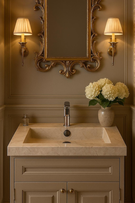 Hand Carved Beige Marble Rectangular Sink, Bathroom Decor, Farmhouse Style Bathroom Vanity