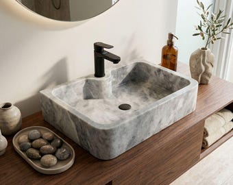 Gray Marble Vessel Sink, 28 Inch Hand Carved Stone Basin, Wall Mount or Countertop Bathroom Vanity, Custom Size