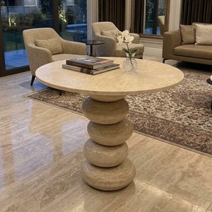 Handmade Travertine Round Table, Sculptural Stone Table, Modern Pedestal Side Table, Natural Stone Coffee Table, Luxury Interior Furniture