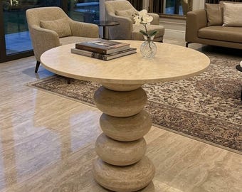 Handmade Travertine Round Table, Sculptural Stone Table, Modern Pedestal Side Table, Natural Stone Coffee Table, Luxury Interior Furniture