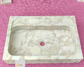 Hand Carved Calacatta Gold Marble Rectangular Sink, Bathroom Decor, Wall Mount Bathroom Vanity