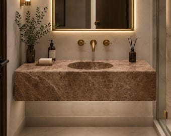 Handmade Emperador Marble Wall-Mounted Sink – Bathroom Decor, Luxury Bathroom Vanity
