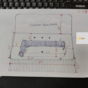 May include: A technical drawing on white paper showing a vanity countertop design with a straight backsplash. The sketch includes various measurements in inches, such as a 36-inch total width, a 6-inch backsplash height, and a 24-inch central cutout.