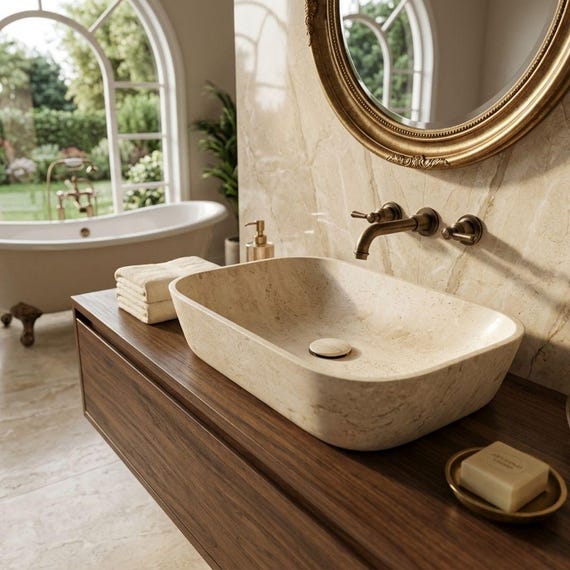 Beige Travertine Sink, 20 Inch Handmade Natural Stone Vessel Basin, Countertop Bathroom Vanity, Hand Carved Custom Size