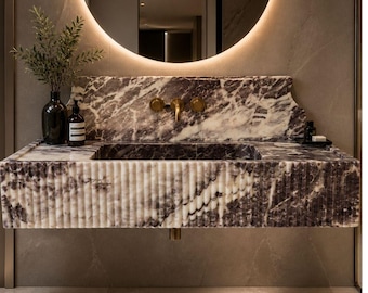 Hand Carved Calacatta Marble Sink, Wall Mounted Vanity, Bathroom Decor, Natural Stone Bathroom Sink